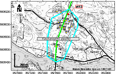 Location of the highway vt13 and monitoring wells around the Kauriansalmi aquifer